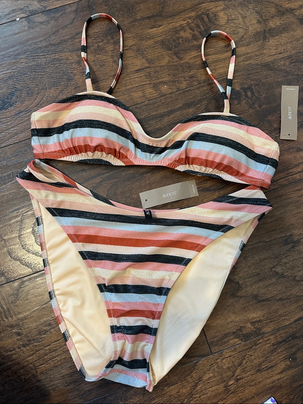 J. Crew Striped Multicolor Bandeau Bikini - Pink, Black, Blue, Peach, Cream